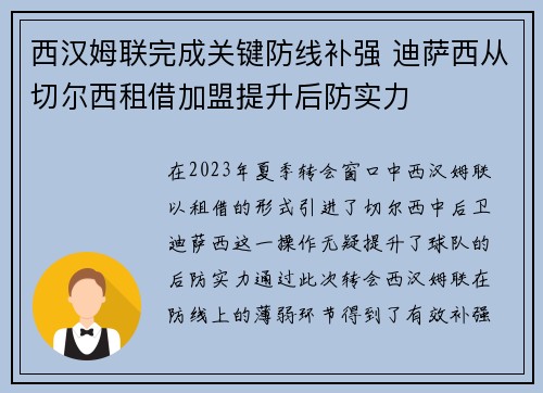 西汉姆联完成关键防线补强 迪萨西从切尔西租借加盟提升后防实力